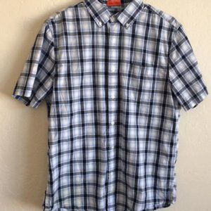 St Johns Bay Shirt Mens M Blue Gray Plaid Button Up Short Sleeve Stretch Casual